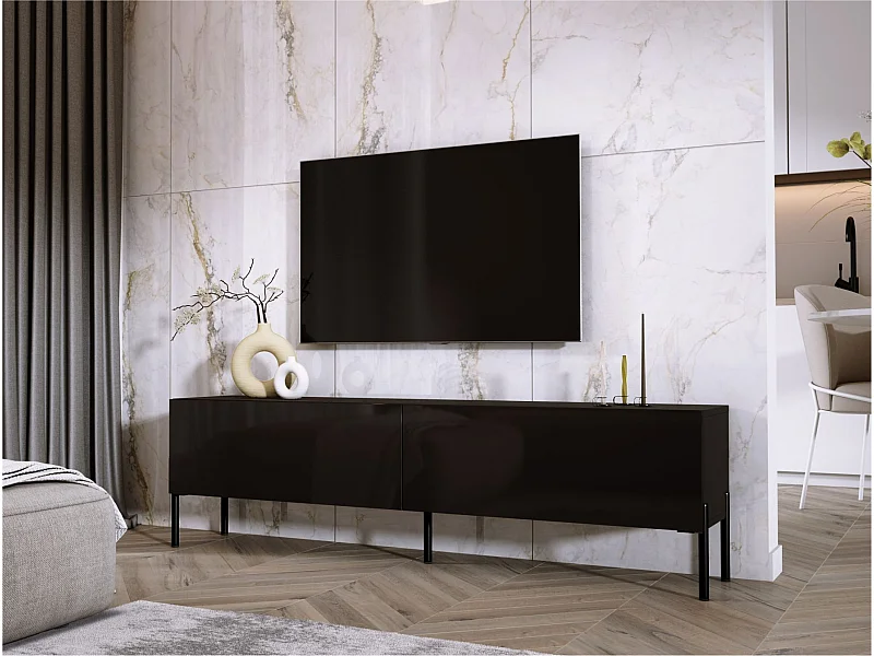 Meuble TV : Noir Mat, pieds noires, 170 x 52 x 32 cm