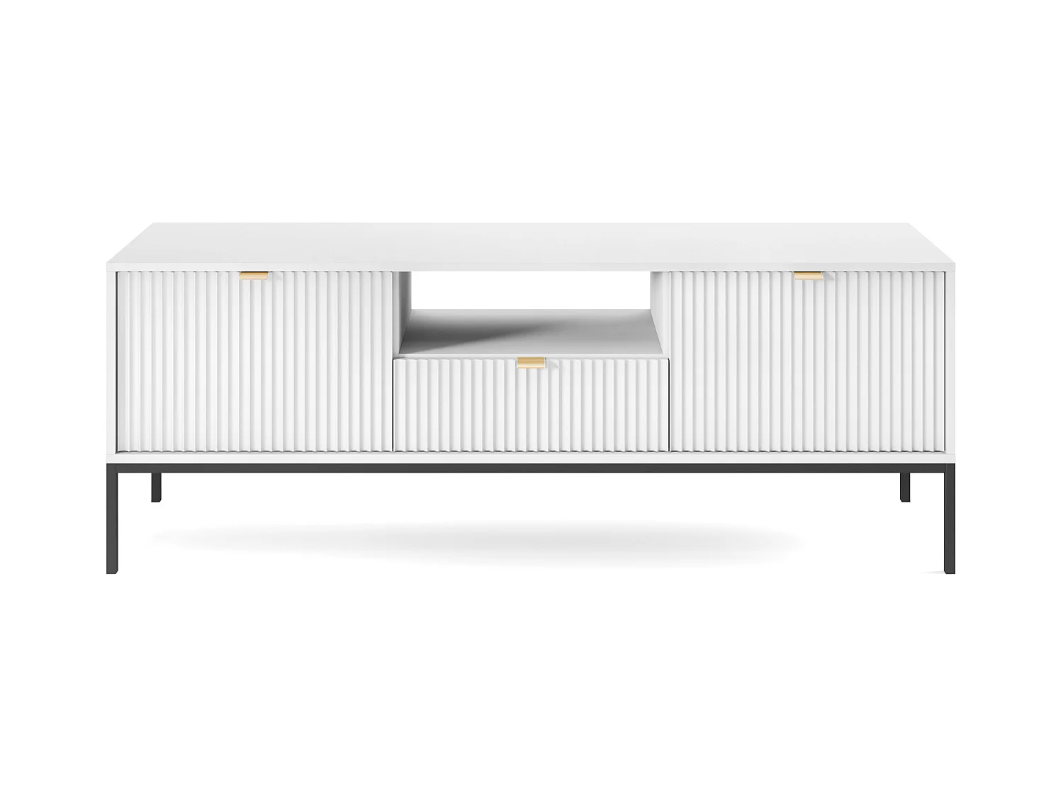 Meuble TV : 1 tiroir, 2 portes, Blanc, Noir, 154 x 56 x 39 cm, poignées dorées