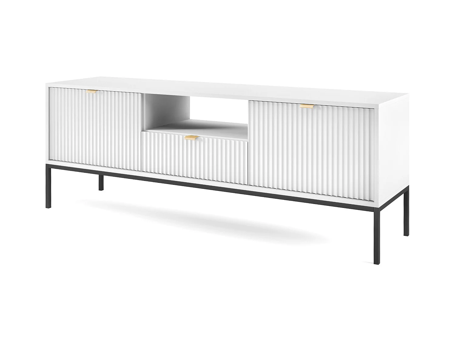 Meuble TV : 1 tiroir, 2 portes, Blanc, Noir, 154 x 56 x 39 cm, poignées dorées