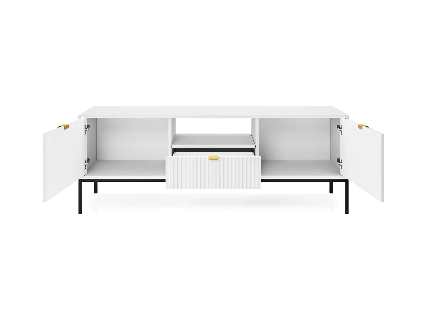 Meuble TV : 1 tiroir, 2 portes, Blanc, Noir, 154 x 56 x 39 cm, poignées dorées