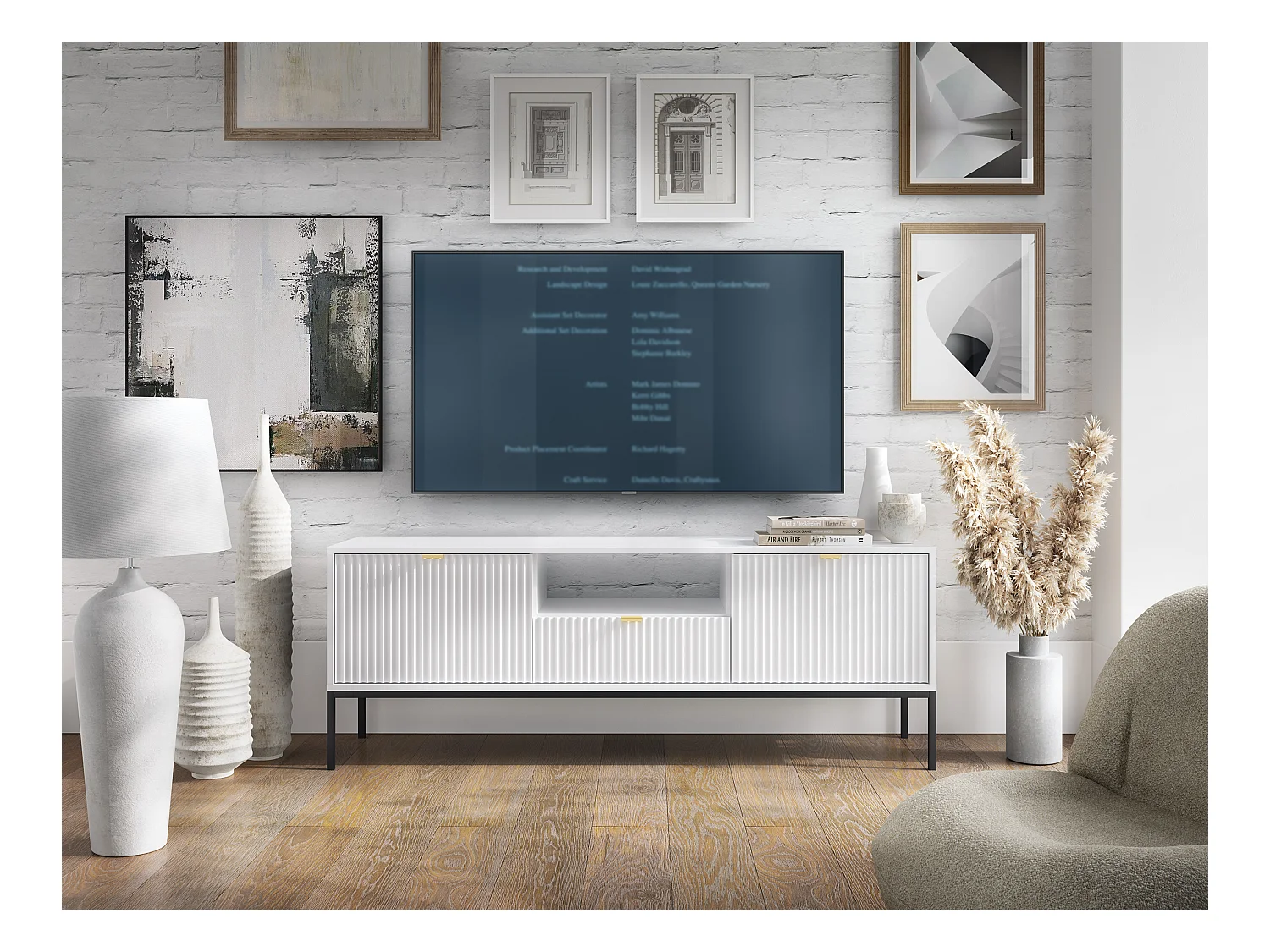 Meuble TV : 1 tiroir, 2 portes, Blanc, Noir, 154 x 56 x 39 cm, poignées dorées