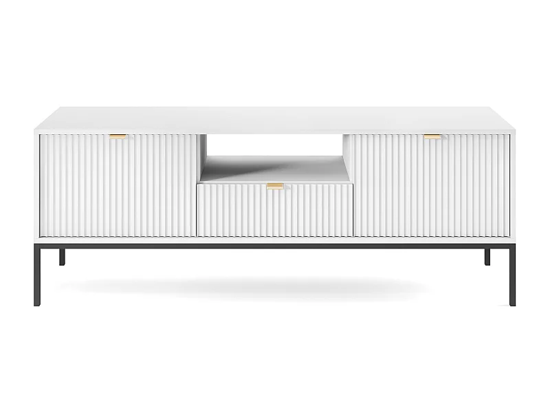 Meuble TV : 1 tiroir, 2 portes, Blanc, Noir, 154 x 56 x 39 cm, poignées dorées