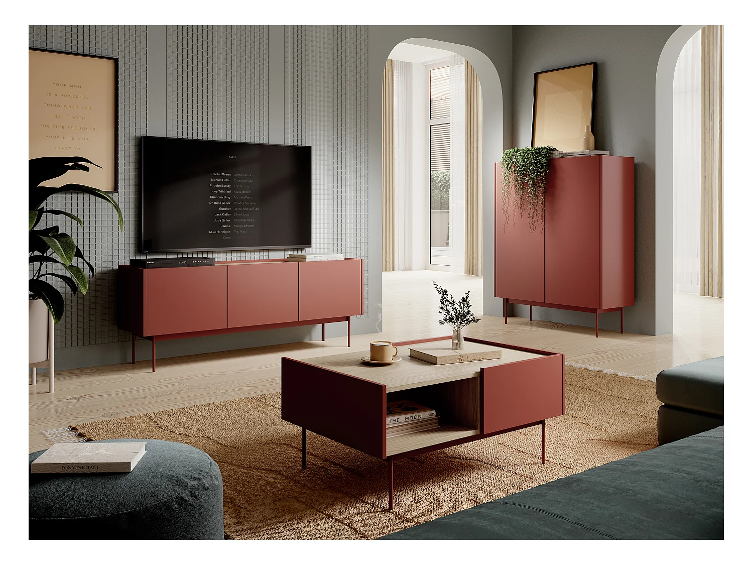 TV-Schrank, Korpus und Front: Ziegel, Platte: Eiche Linea, 144 x 55 x 37 cm