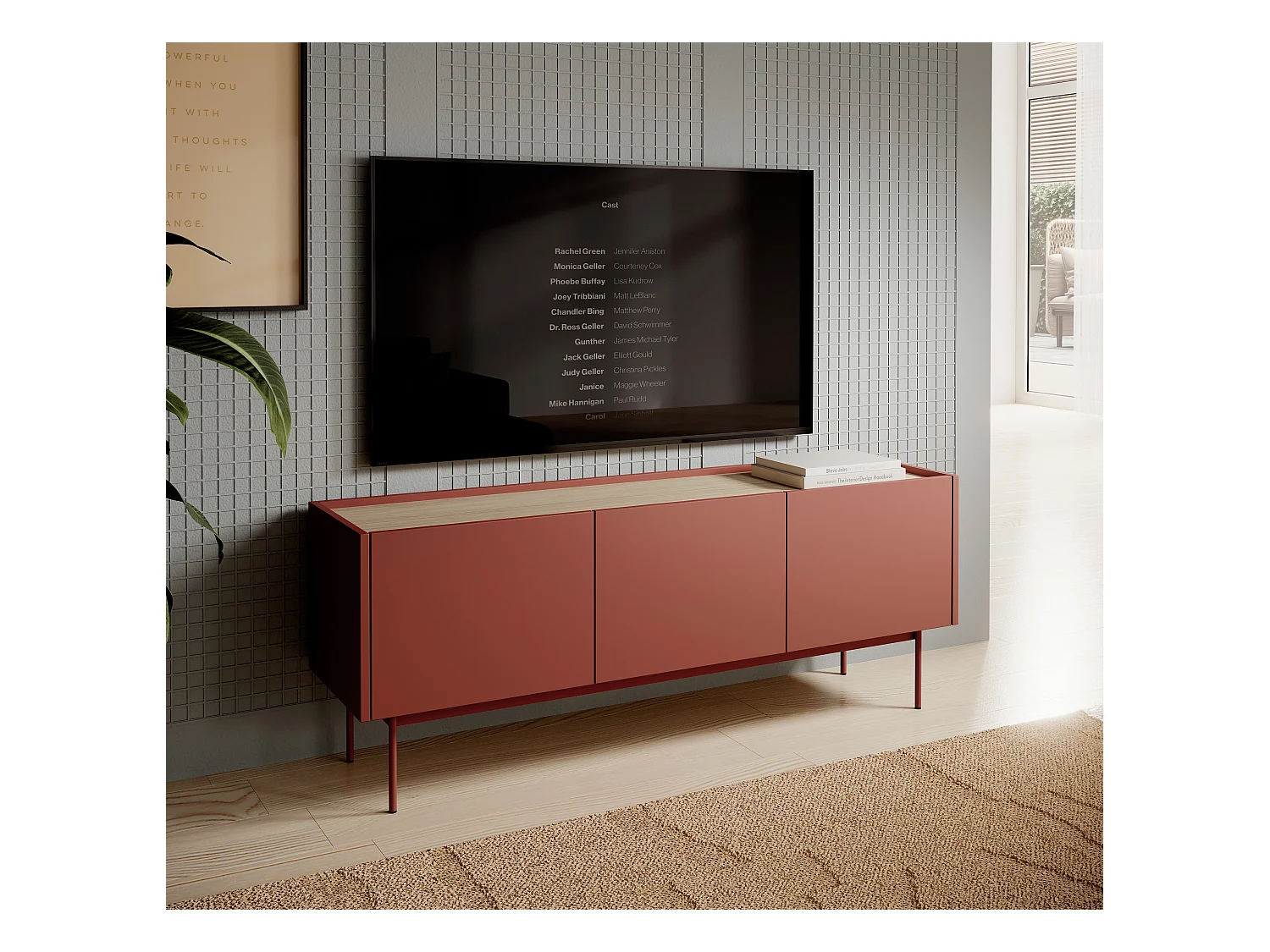Meuble tv, corps et facade: Brique, TOP: Chêne Linea, 144 x 55 x 37 cm