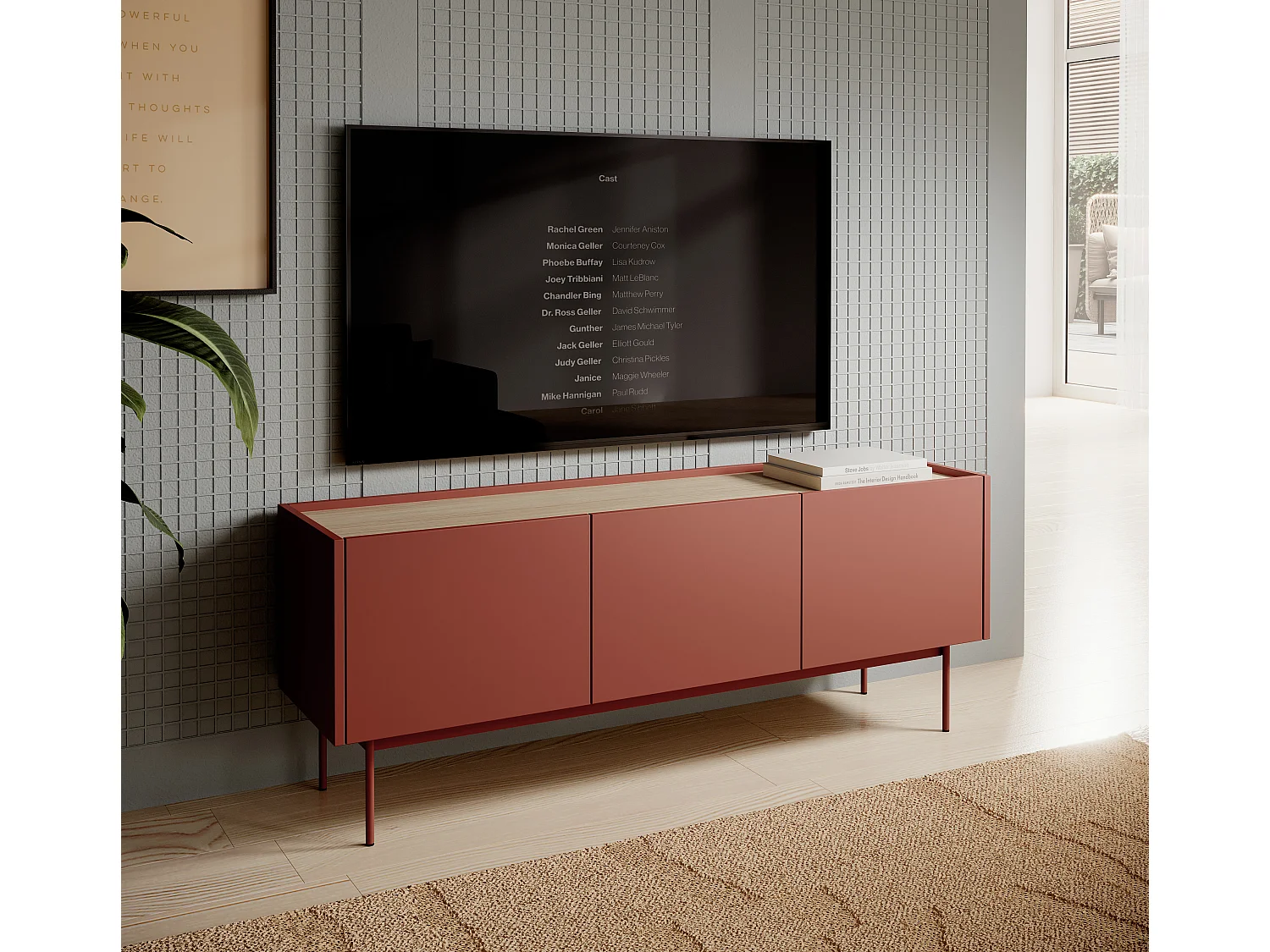 Mueble TV, cuerpo y frente: Ladrillo, SUPERIOR: Roble Linea, 144 x 55 x 37 cm