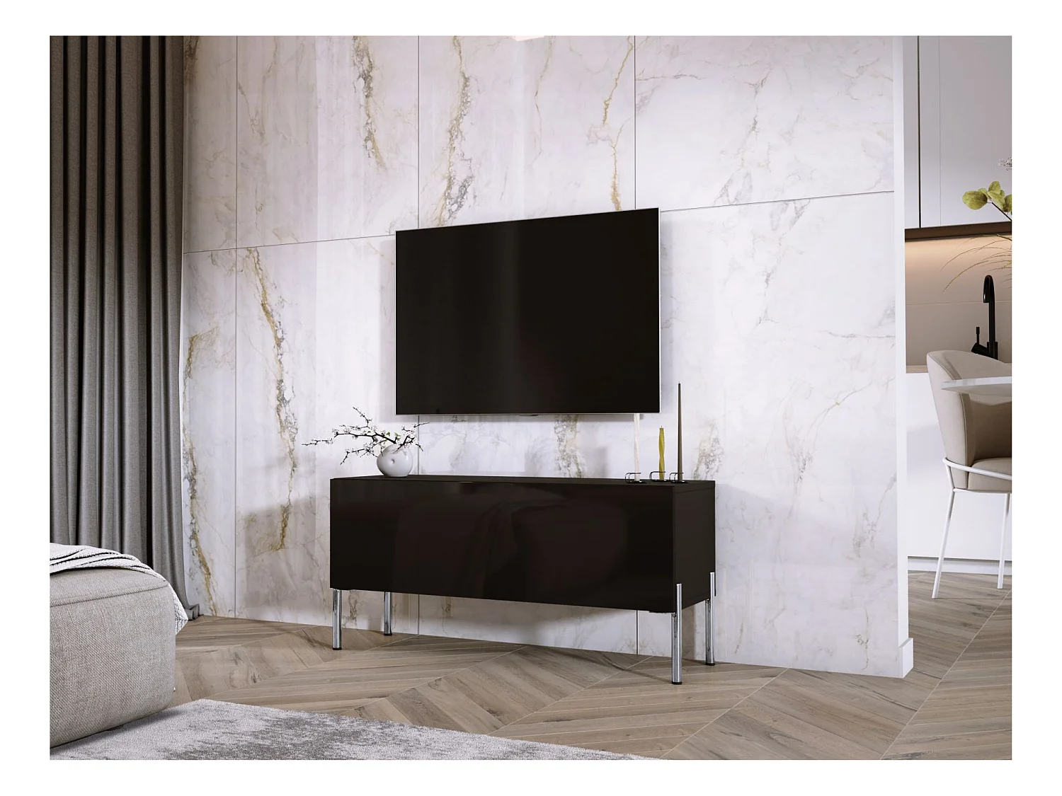 TV-Schrank, Mattschwarz/Glänzend Schwarz, Chrombeine, 100 x 52 x 32 cm