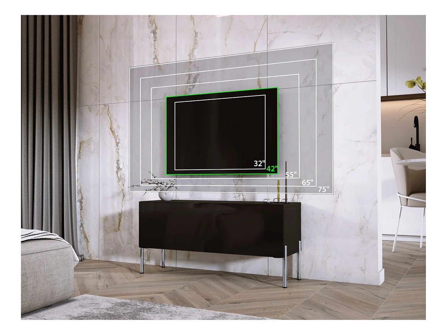 TV-Schrank, Mattschwarz/Glänzend Schwarz, Chrombeine, 100 x 52 x 32 cm