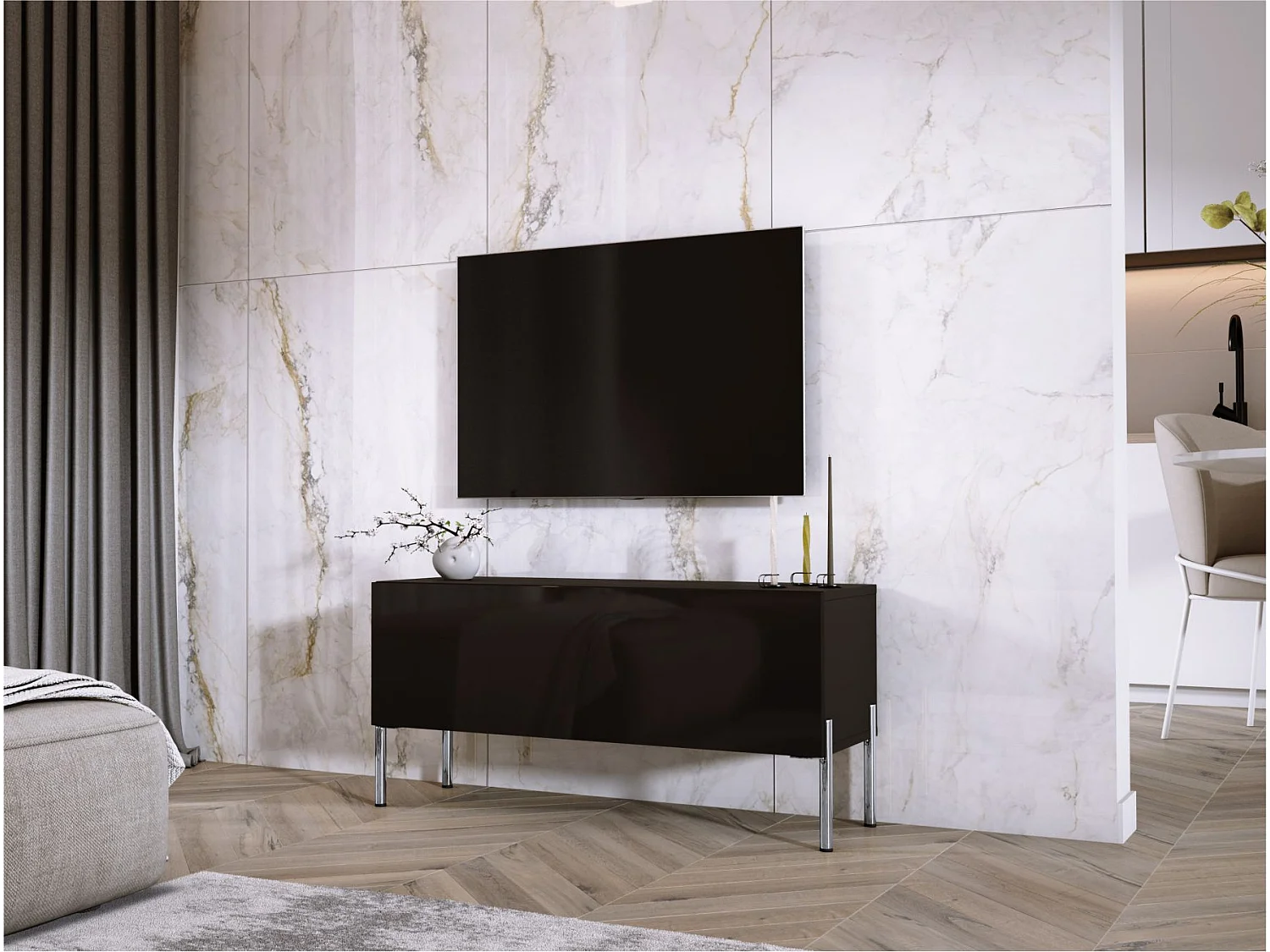 TV-Schrank, Mattschwarz/Glänzend Schwarz, Chrombeine, 100 x 52 x 32 cm