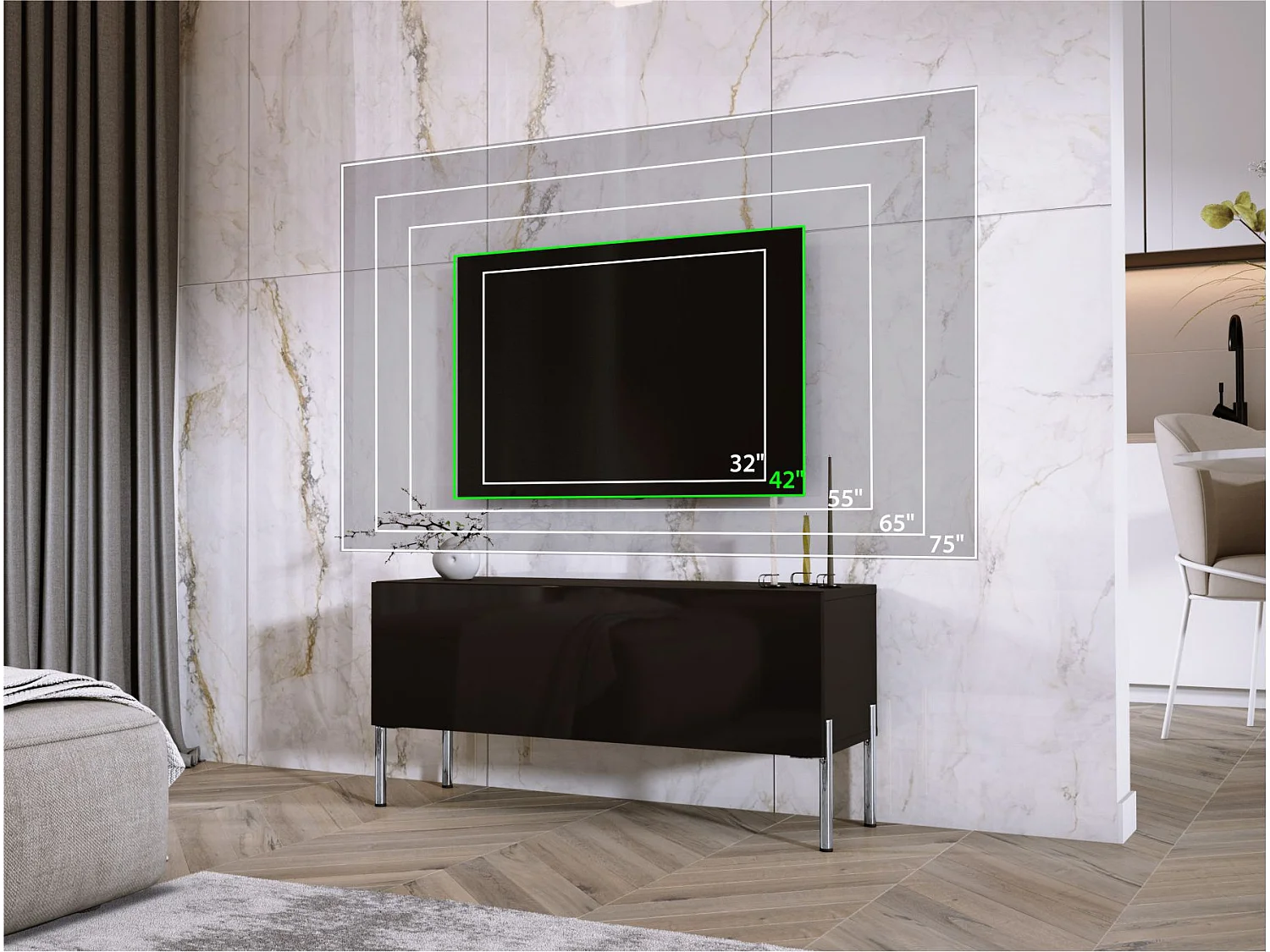 TV-Schrank, Mattschwarz/Glänzend Schwarz, Chrombeine, 100 x 52 x 32 cm