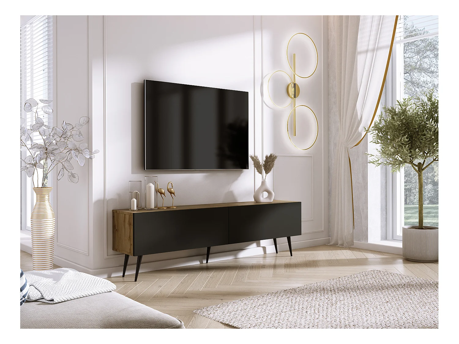 Meuble TV : Chêne Wotan / Noir Mat, pieds noires, 170 x 52 x 32 cm