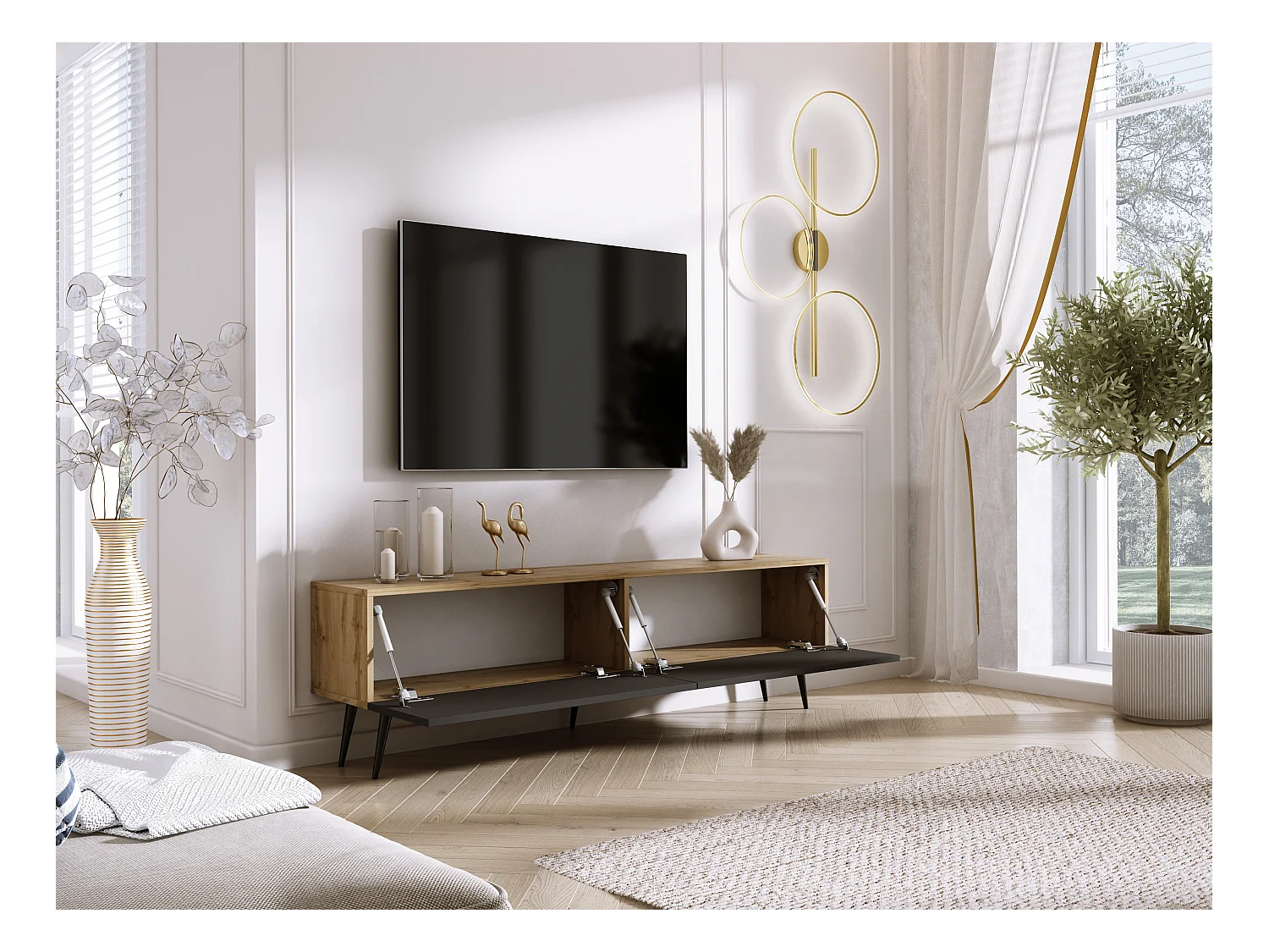 Meuble TV : Chêne Wotan / Noir Mat, pieds noires, 170 x 52 x 32 cm