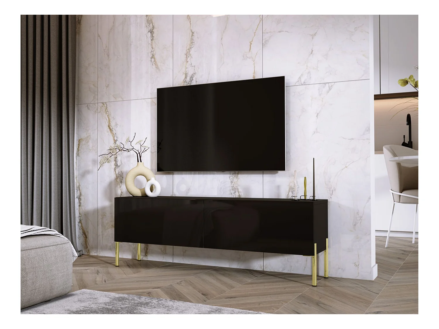 TV-Schrank: Mattschwarz / Hochglanzschwarz, goldene Beine, 140 x 52 x 32 cm