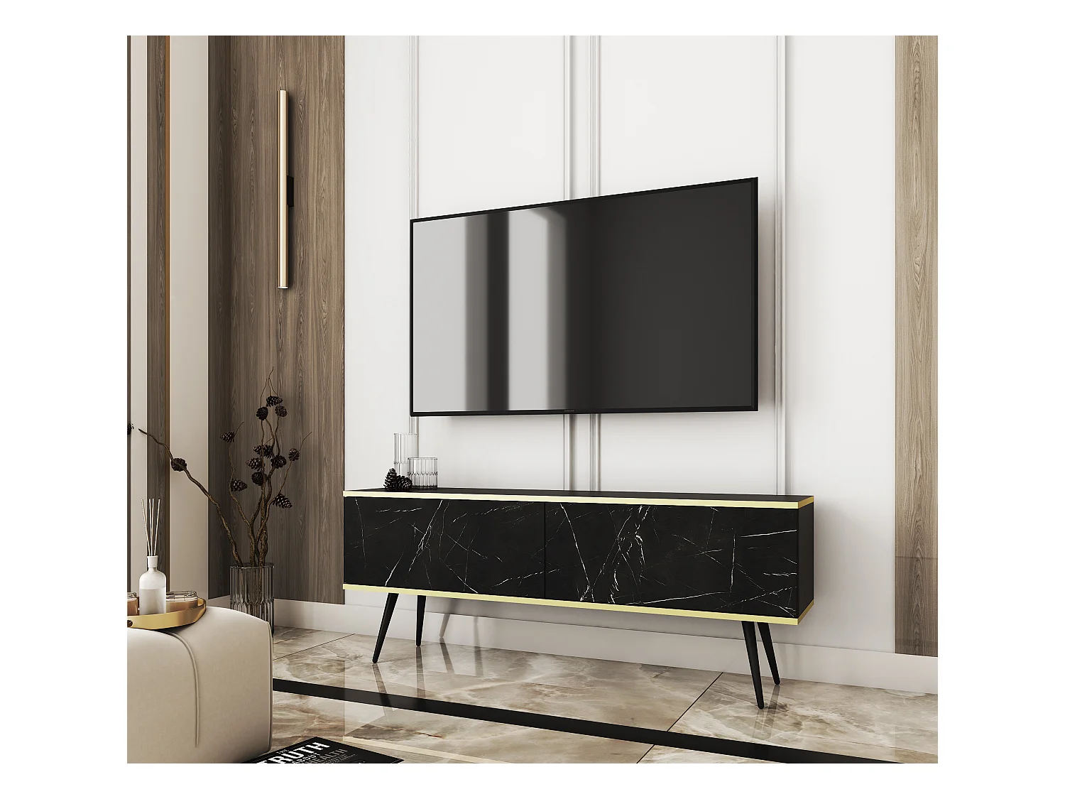 Meuble TV, Noir Mat / Noir royal marbre, pieds Noir, 135 x 30 x 52 cm, Push to Open