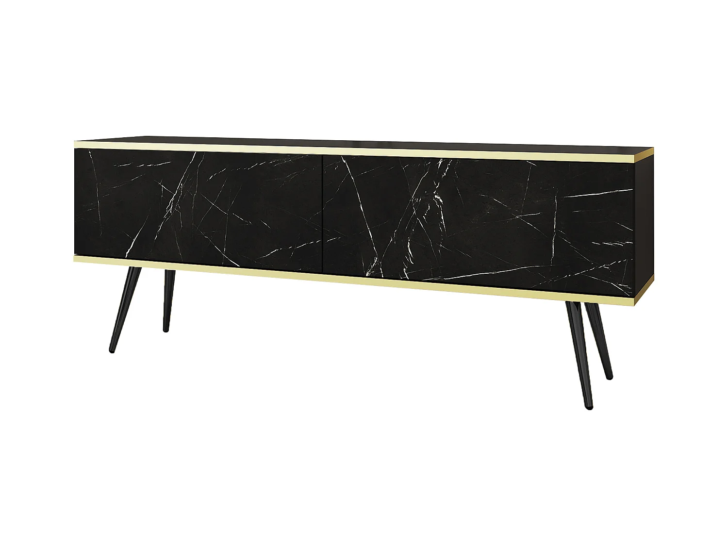 Meuble TV, Noir Mat / Noir royal marbre, pieds Noir, 135 x 30 x 52 cm, Push to Open