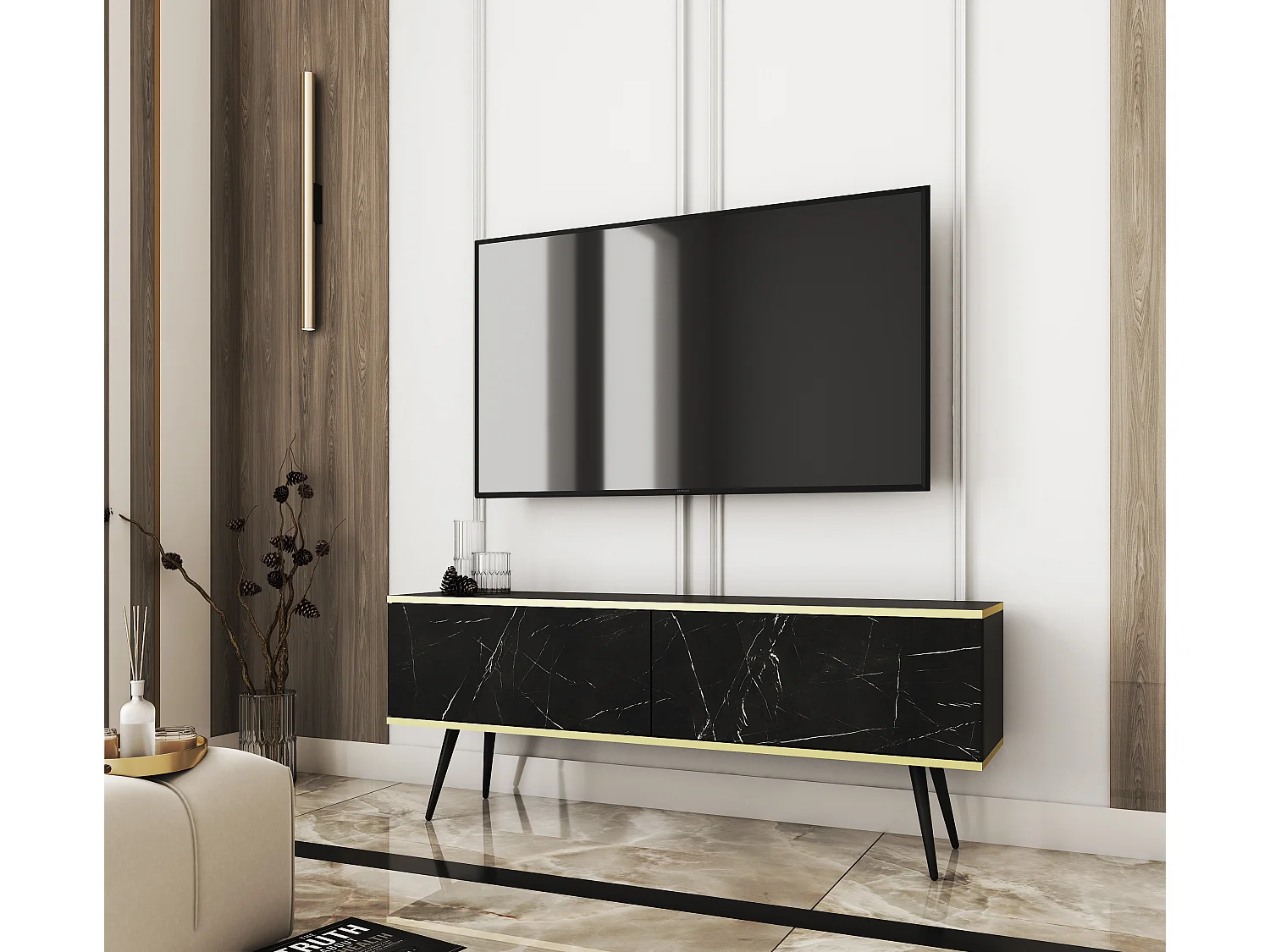 TV-Schrank, mattschwarzer / königsschwarzer Marmor, schwarze Beine, 135 x 30 x 52 cm, Push-to-Open