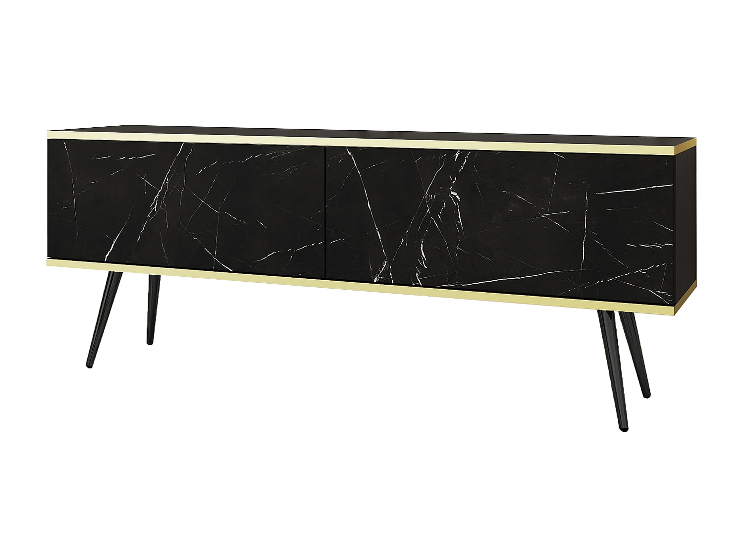 TV-Schrank, mattschwarzer / königsschwarzer Marmor, schwarze Beine, 135 x 30 x 52 cm, Push-to-Open