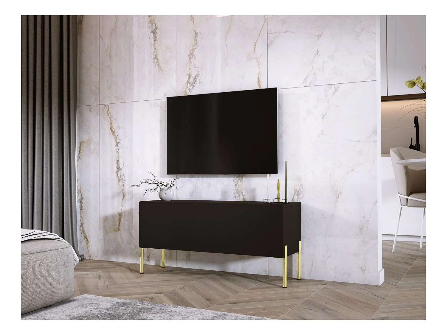 Meuble TV : Noir Mat, pieds dorées, 100 x 52 x 32 cm