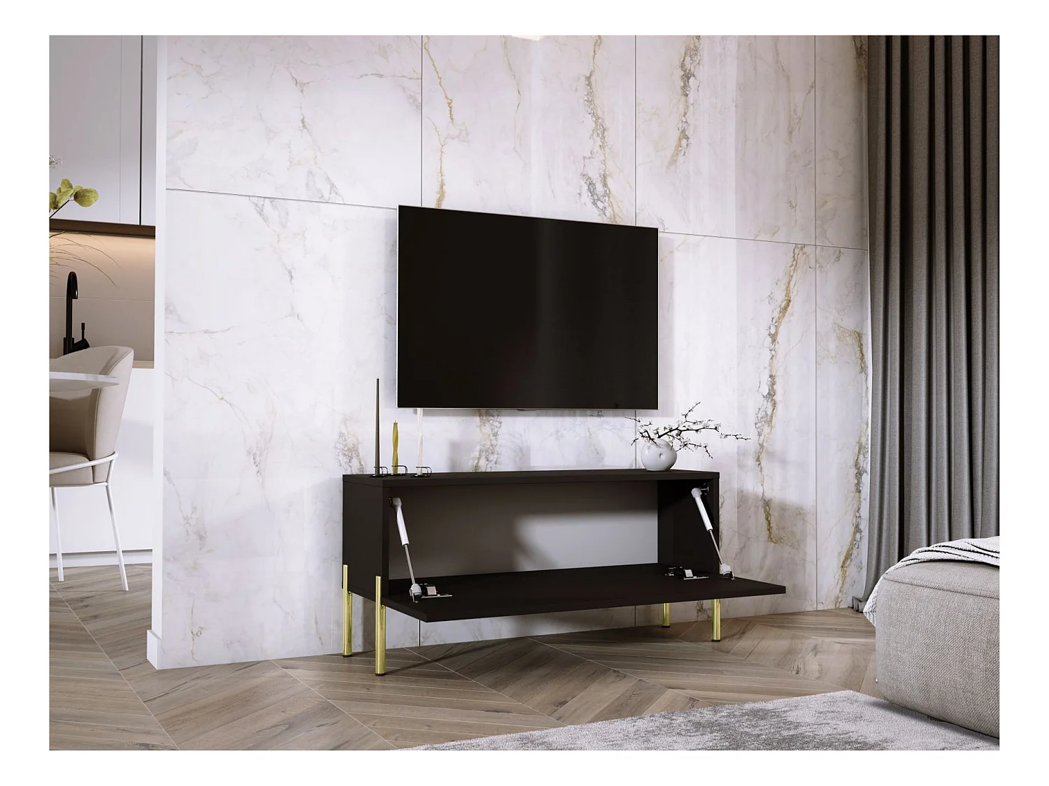 Meuble TV : Noir Mat, pieds dorées, 100 x 52 x 32 cm