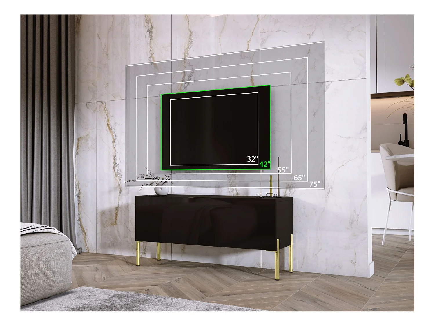 Meuble TV : Noir Mat, pieds dorées, 100 x 52 x 32 cm