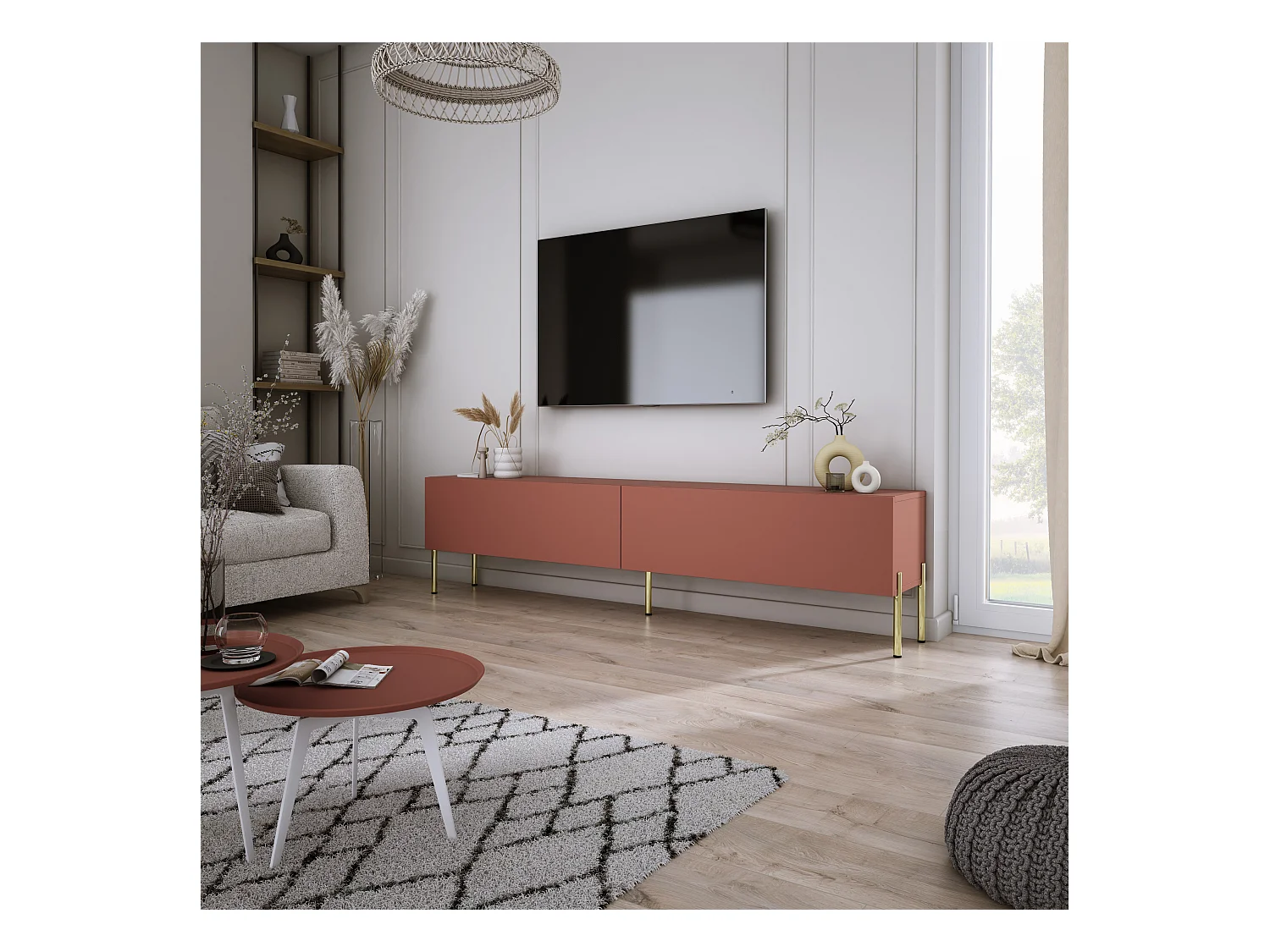 Meuble TV : Rouge Brique, 170 x 52 x 32 cm, pieds dorées