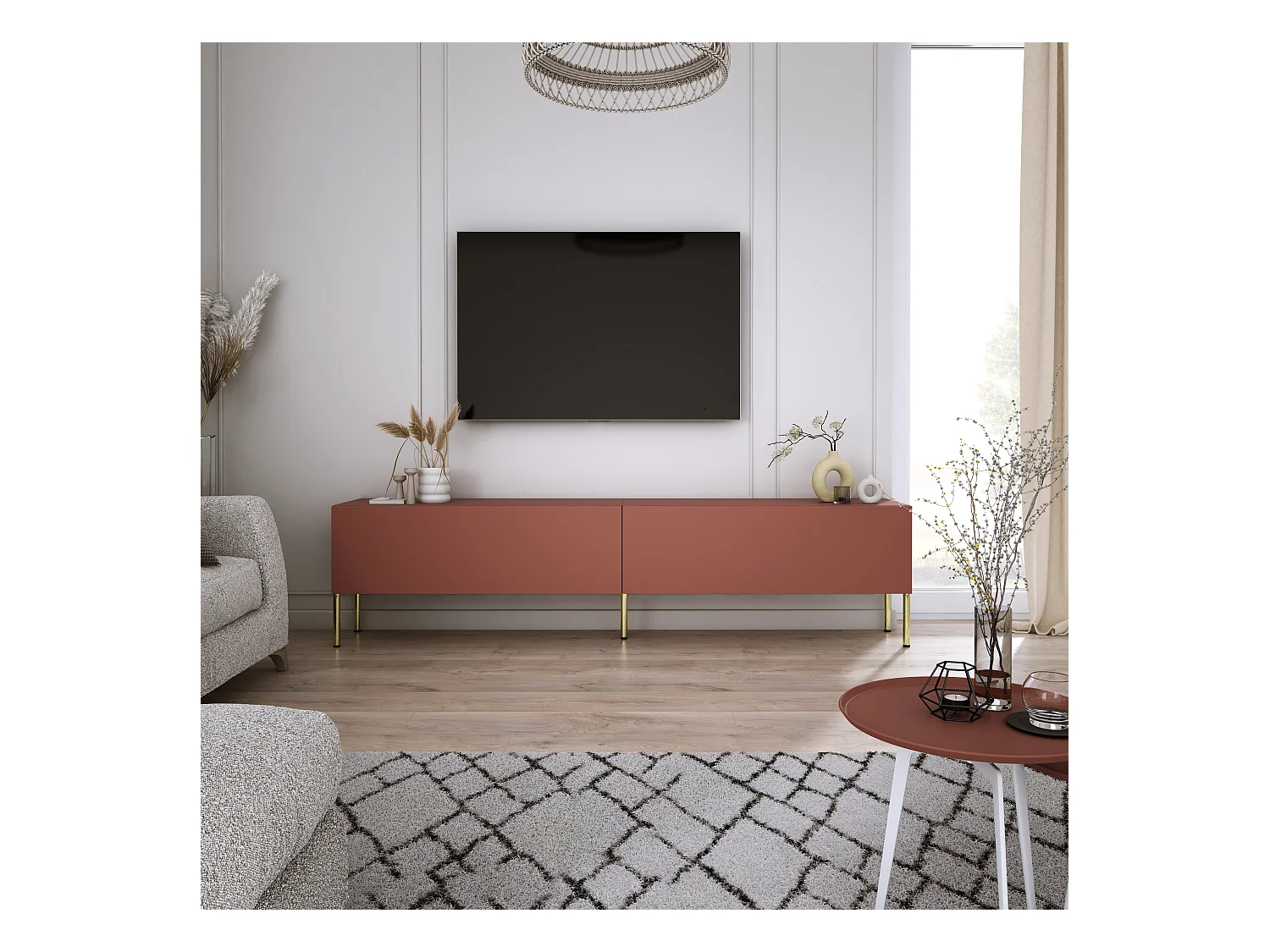 Mobile TV: rosso mattone, 170 x 52 x 32 cm, gambe dorate