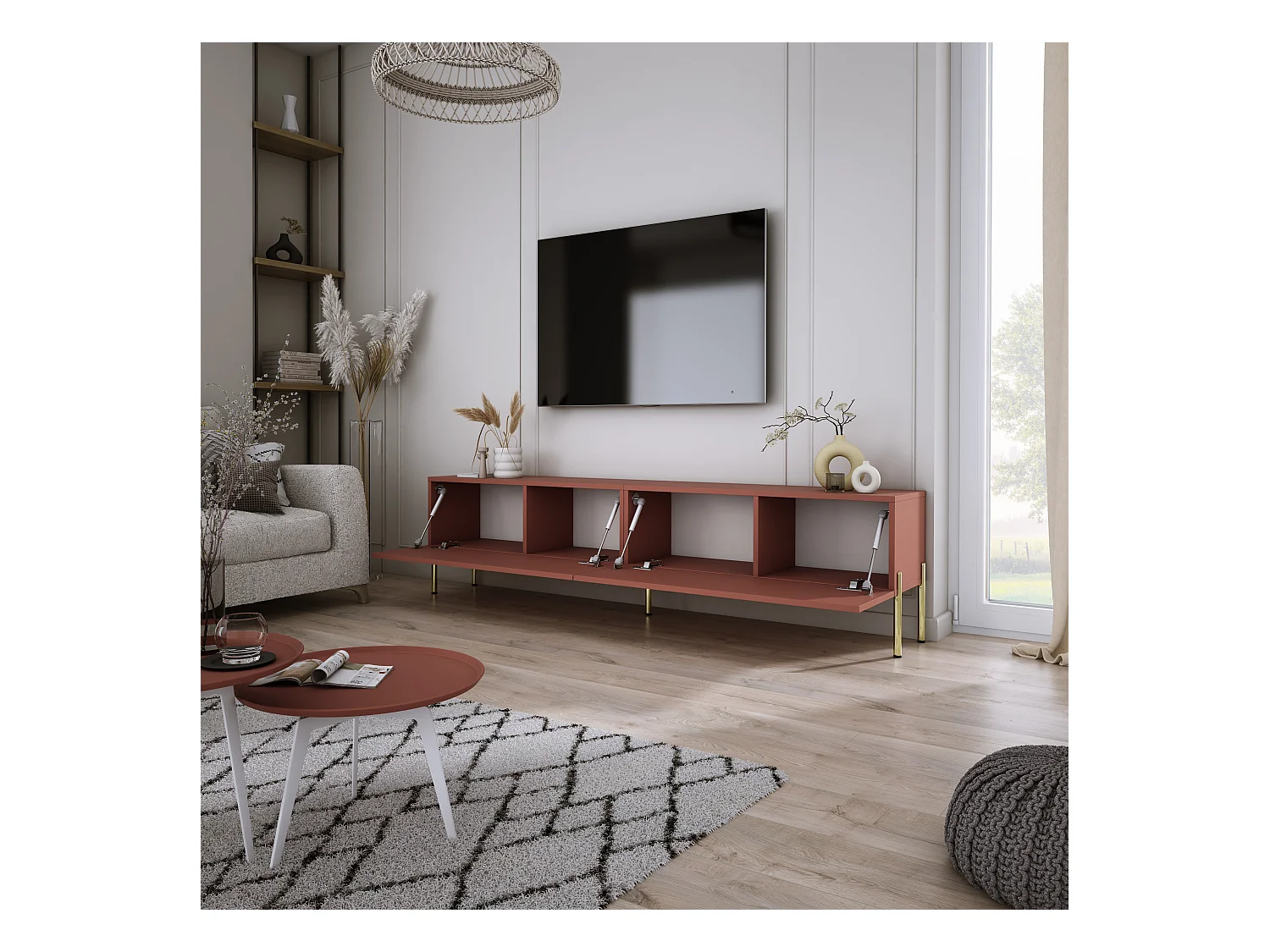 Mobile TV: rosso mattone, 170 x 52 x 32 cm, gambe dorate