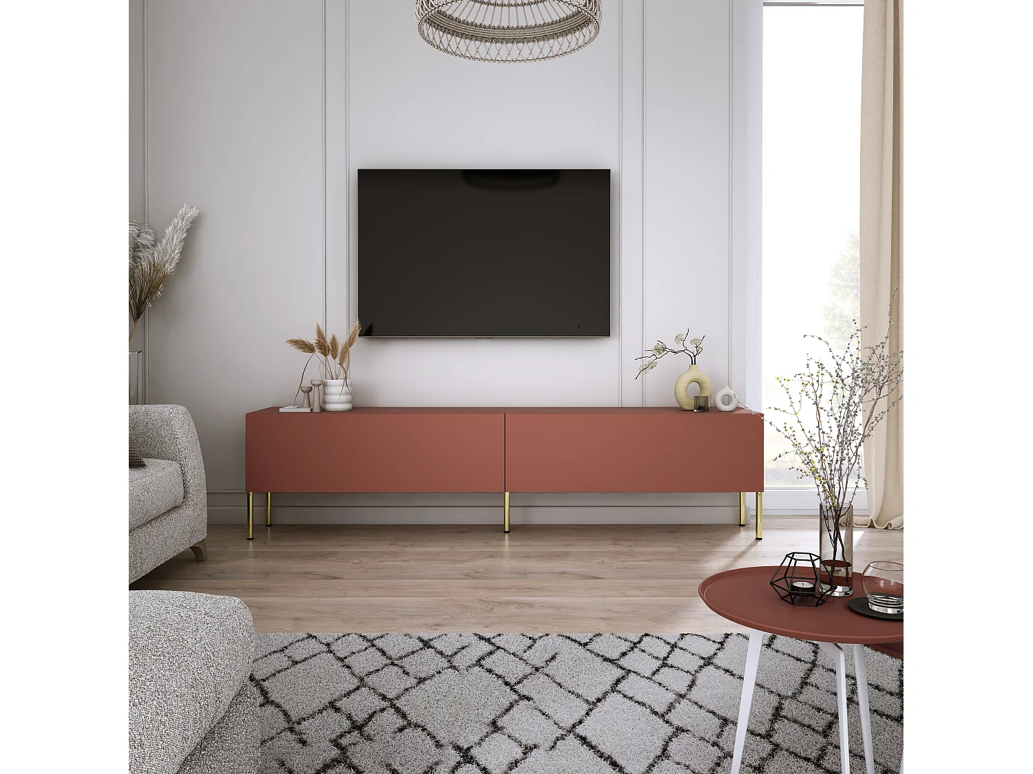 Meuble TV : Rouge Brique, 170 x 52 x 32 cm, pieds dorées