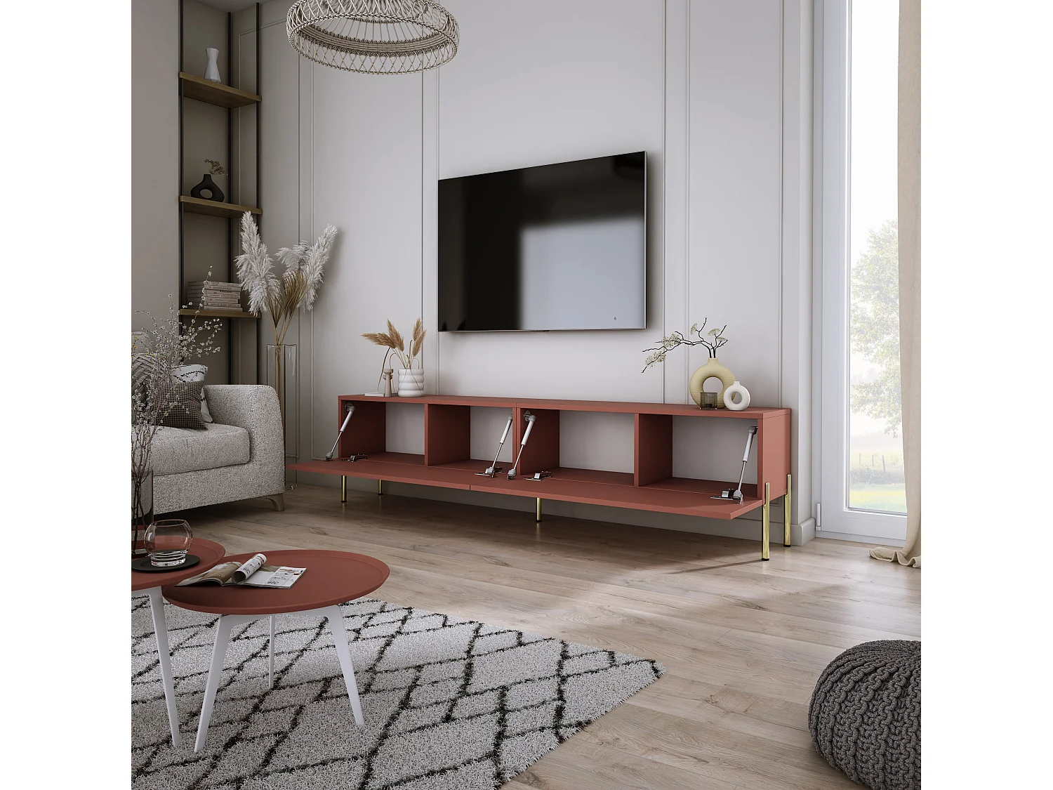 Meuble TV : Rouge Brique, 170 x 52 x 32 cm, pieds dorées