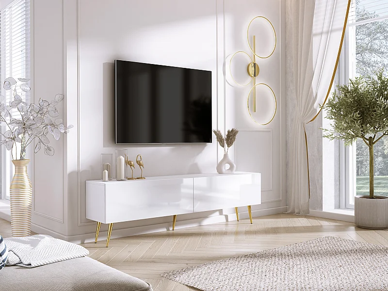 Mobile TV: Bianco Opaco / Bianco Lucido, gambe dorate, 170 x 52 x 32 cm