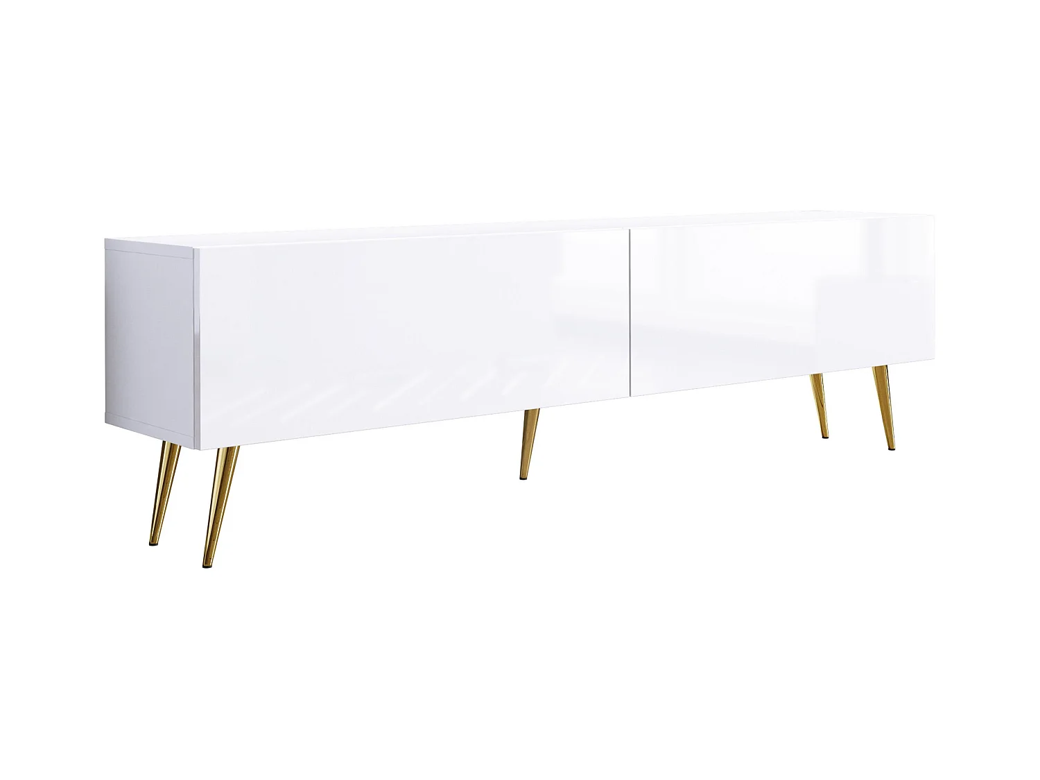 Meuble TV : Blanc Mat / Blanc Brillant, pieds dorées, 170 x 52 x 32 cm