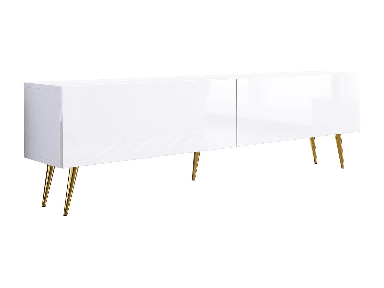 Meuble TV : Blanc Mat / Blanc Brillant, pieds dorées, 170 x 52 x 32 cm