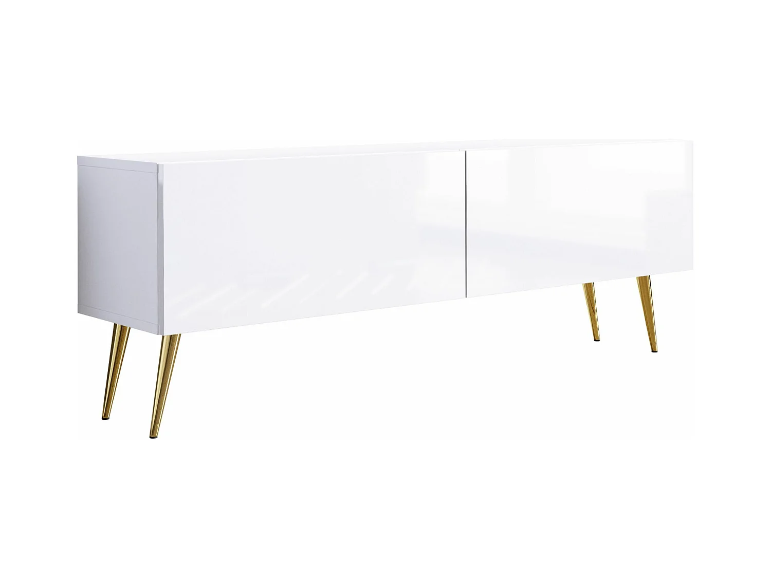 TV-Schrank: Mattweiß / Hochglanzweiß, goldene Beine, 140 x 52 x 32 cm