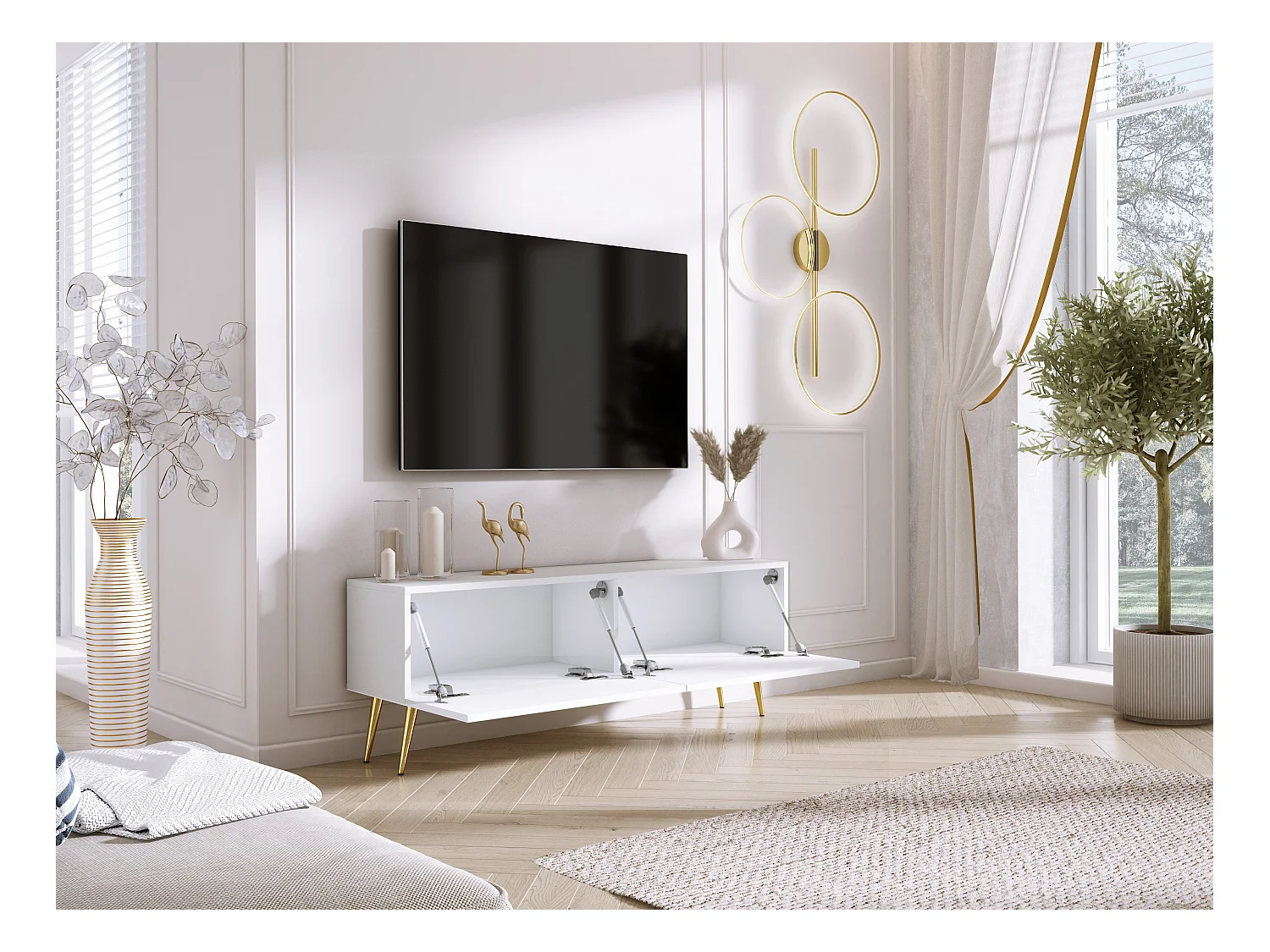 TV-Schrank: Mattweiß / Hochglanzweiß, goldene Beine, 140 x 52 x 32 cm