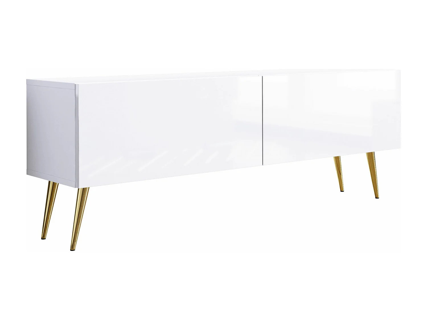 Meuble TV : Blanc Mat / Blanc Brillant, pieds dorées, 140 x 52 x 32 cm