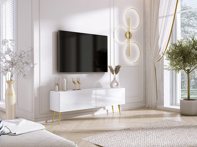 TV-Schrank: Mattweiß / Hochglanzweiß, goldene Beine, 140 x 52 x 32 cm