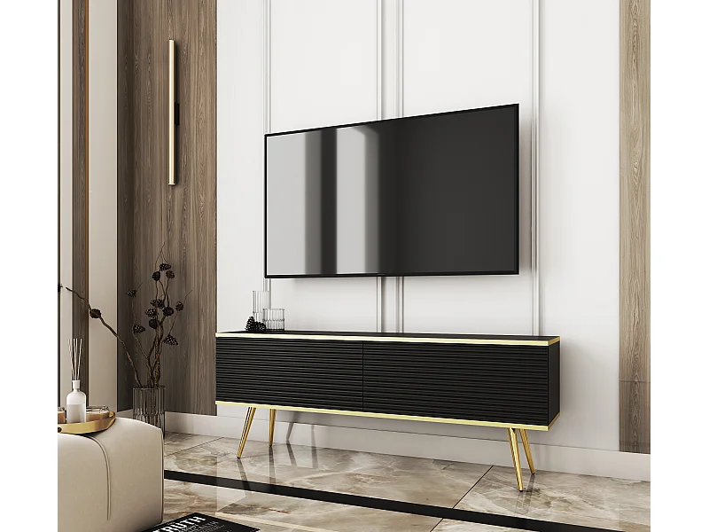 Szafka RTV z czarnymi listwami, złote nóżki, 135 x 30 x 52 cm, Push to Open