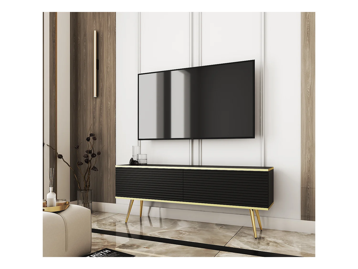 Szafka RTV z czarnymi listwami, złote nóżki, 135 x 30 x 52 cm, Push to Open