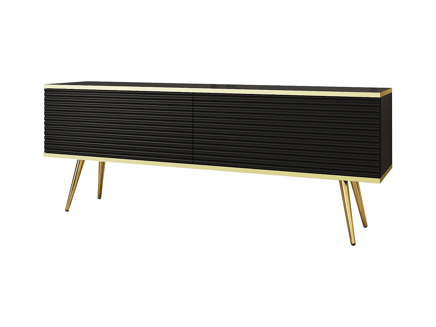 Szafka RTV z czarnymi listwami, złote nóżki, 135 x 30 x 52 cm, Push to Open