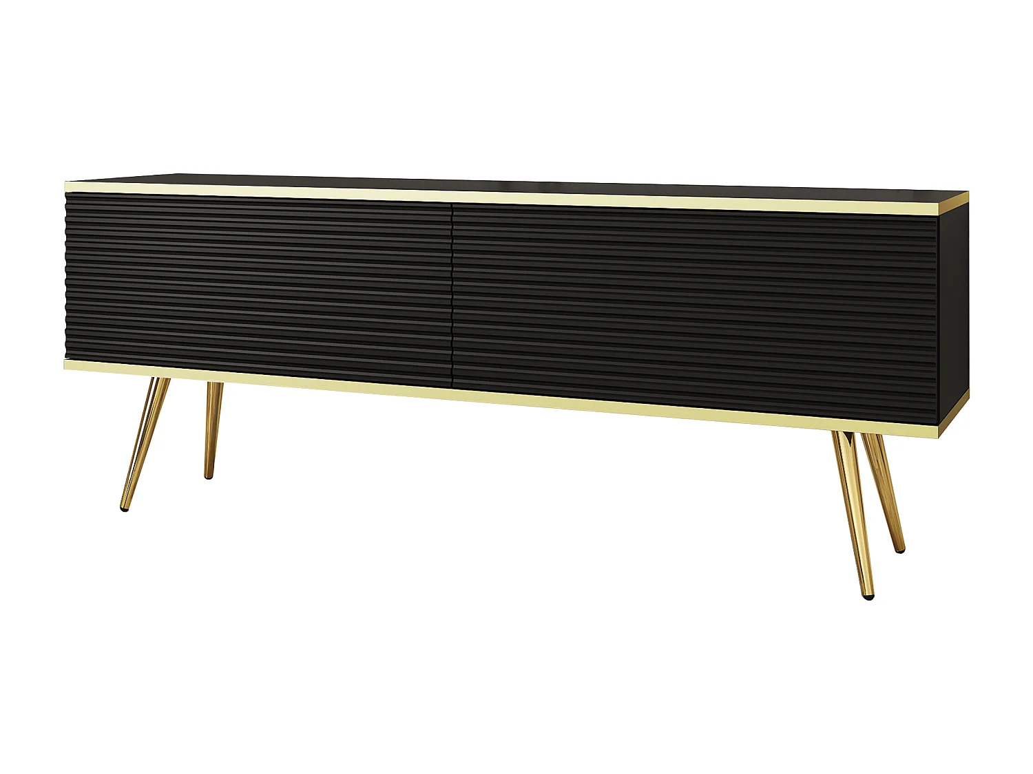 Meuble TV Avec Lamelles Noir, pieds Or, 135 x 30 x 52 cm, Push to Open