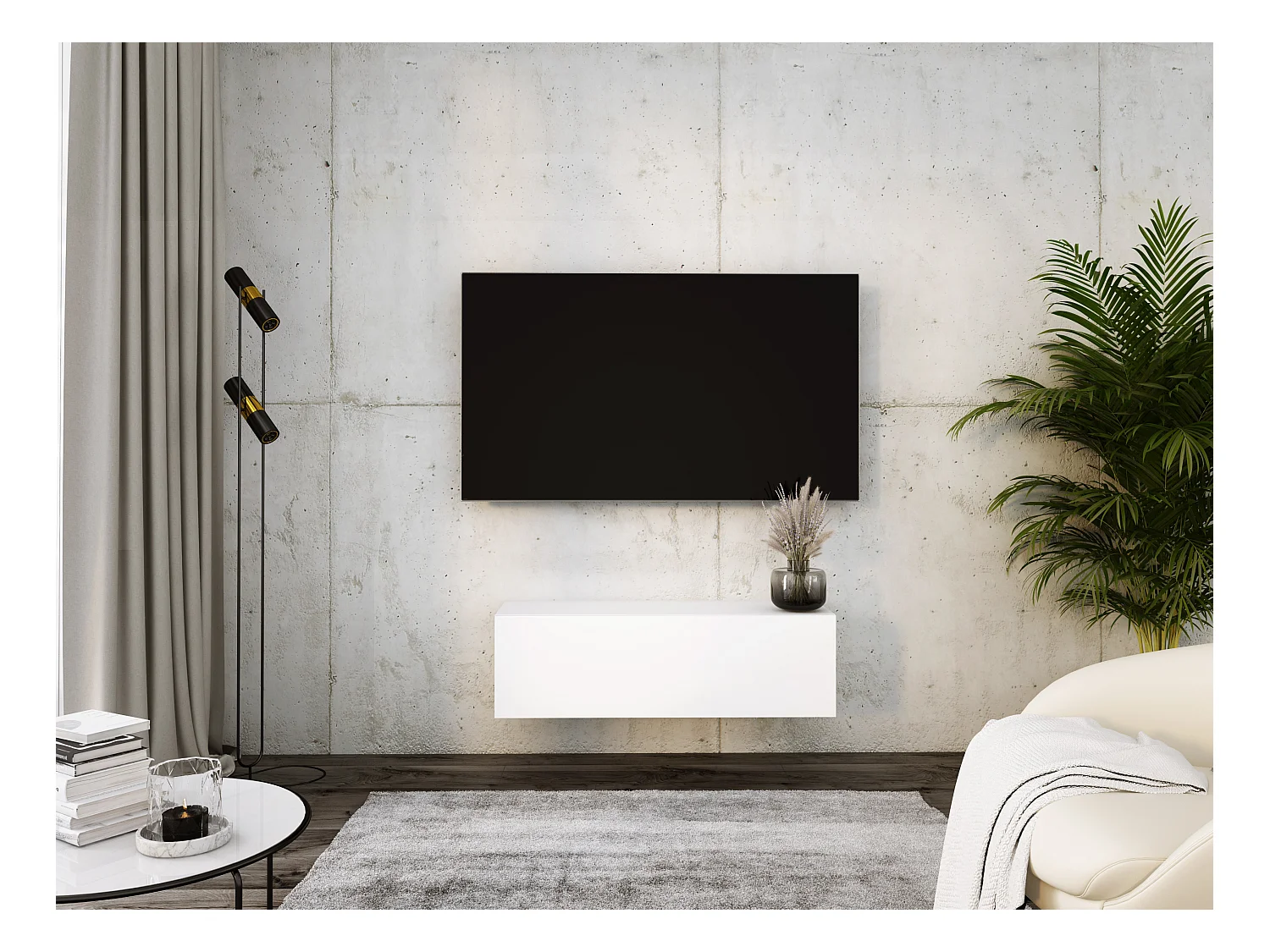 Meuble TV Suspendu, 100 x 34 x 32 cm, Blanc Mat