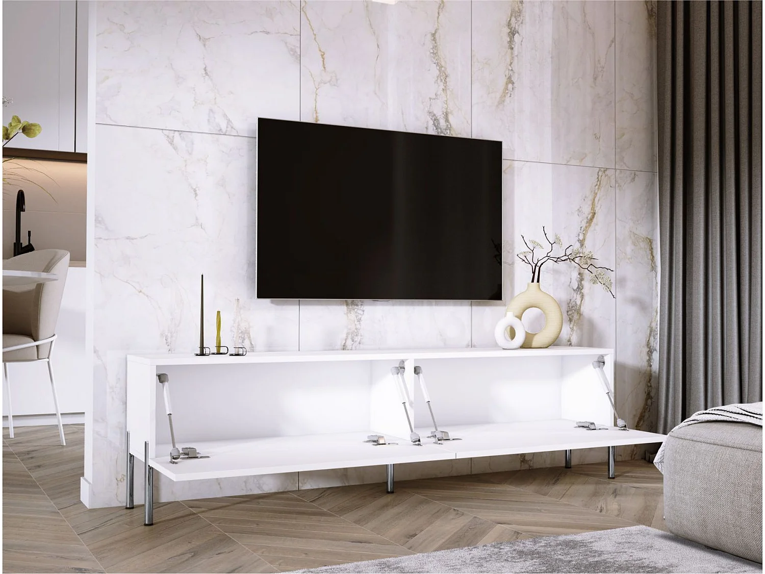 TV-Schrank: Mattweiß, Chrombeine, 170 x 52 x 32 cm