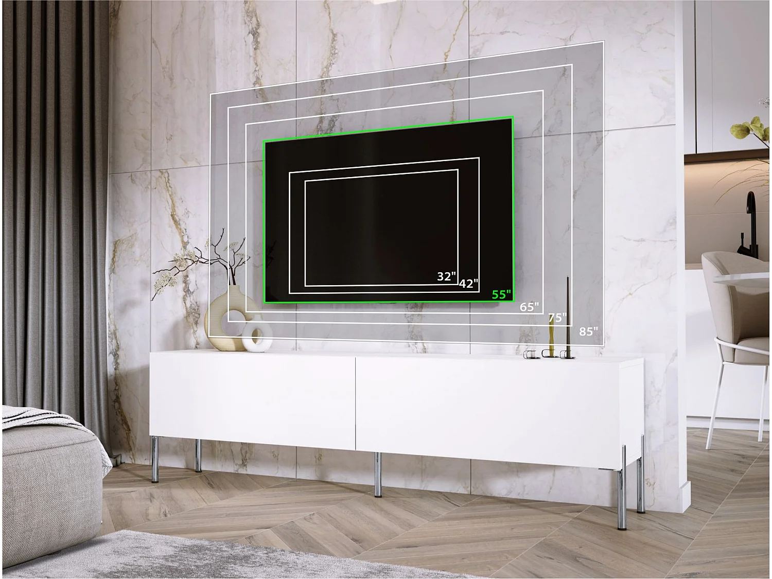 TV-Schrank: Mattweiß, Chrombeine, 170 x 52 x 32 cm