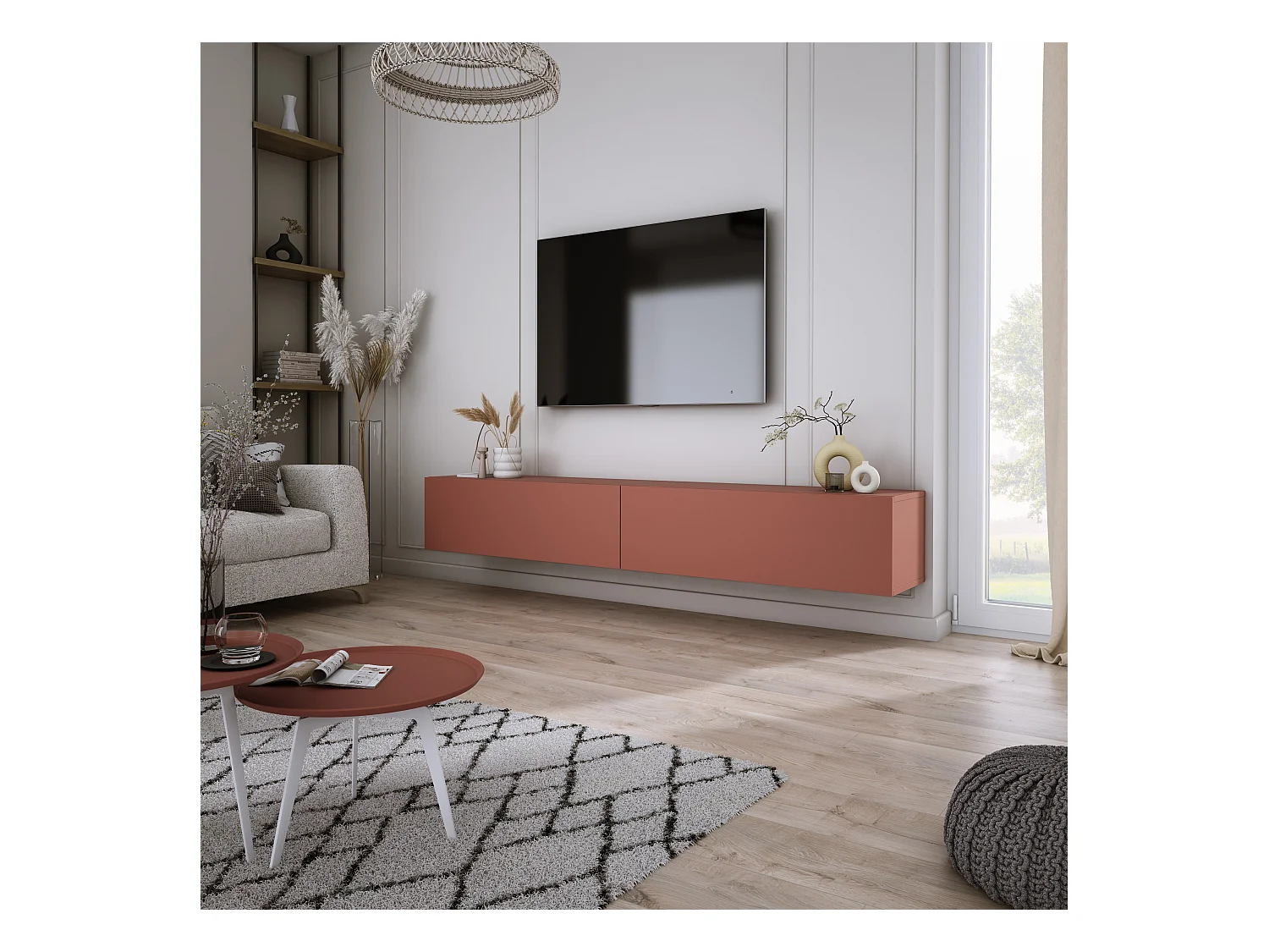 Meuble TV : Rouge Brique, 200 (2 x 100) x 34 x 32 cm