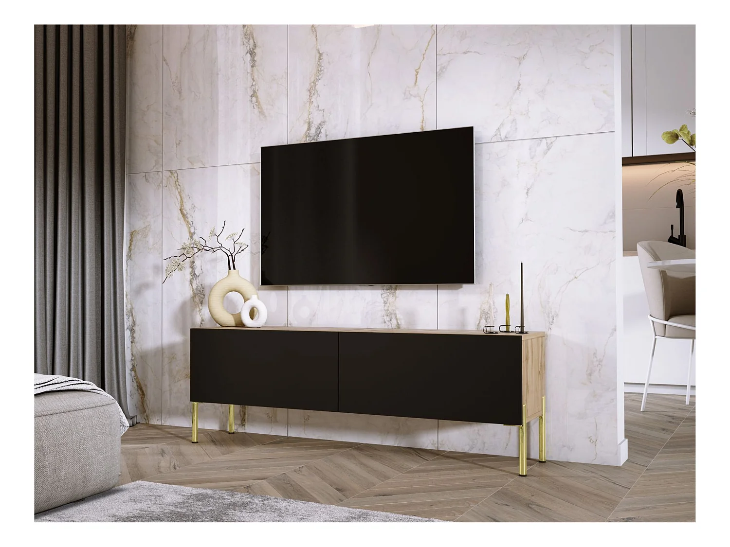 Meuble TV : Chêne Wotan / Noir Mat, pieds dorées, 140 x 52 x 32 cm