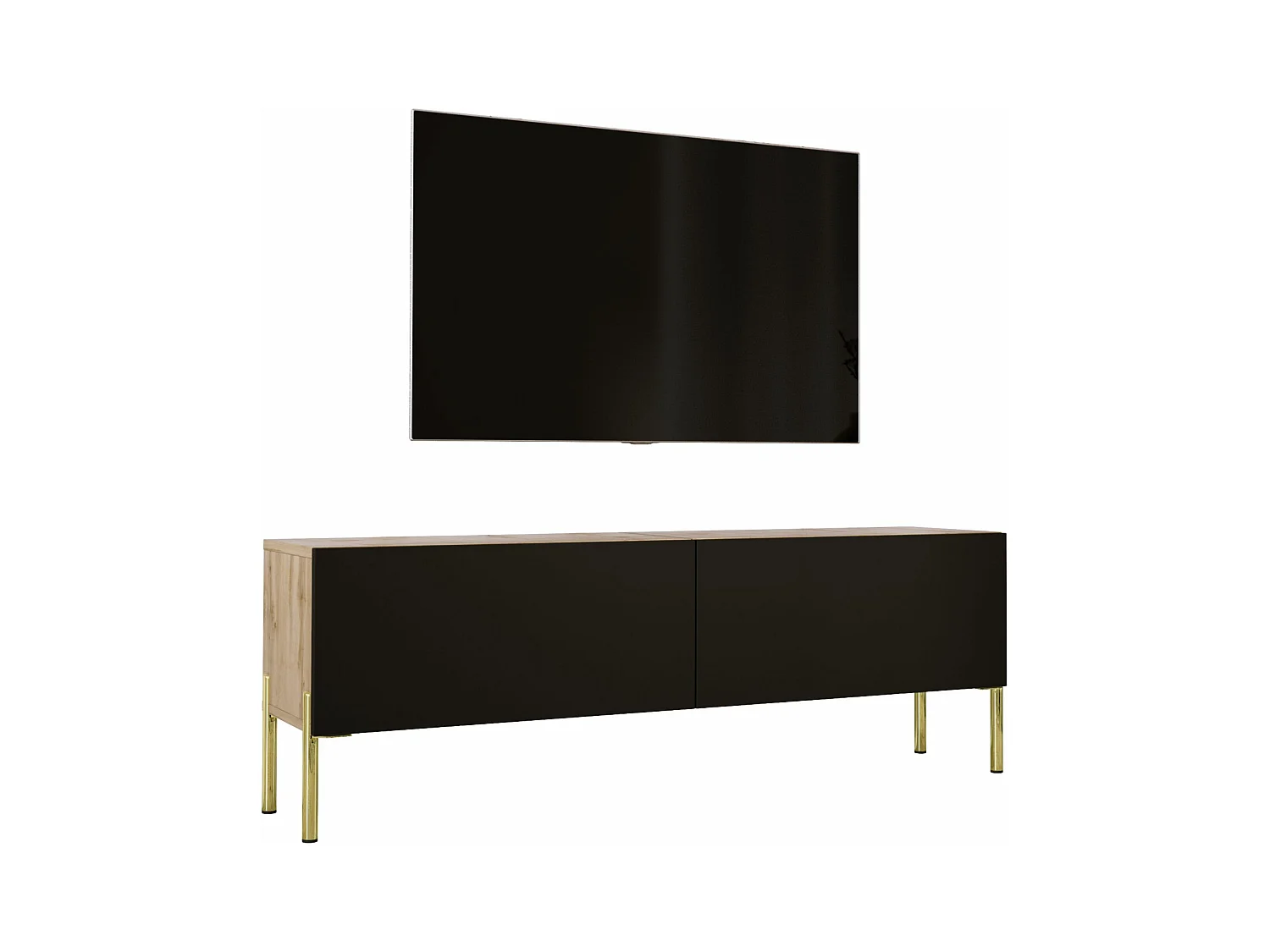 Meuble TV : Chêne Wotan / Noir Mat, pieds dorées, 140 x 52 x 32 cm