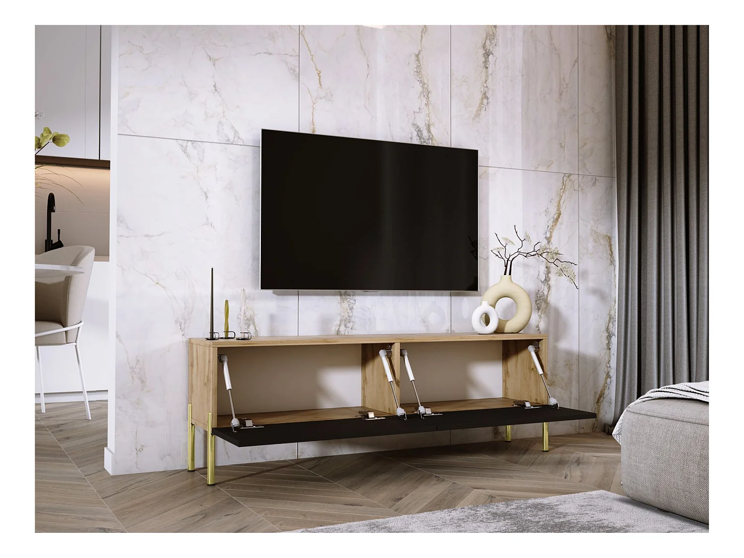 Meuble TV : Chêne Wotan / Noir Mat, pieds dorées, 140 x 52 x 32 cm