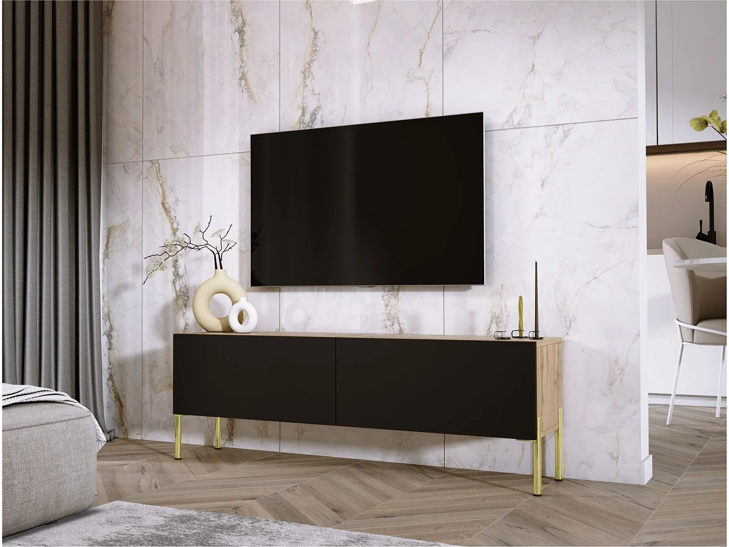 TV-meubel: Wotan Eiken / Mat Zwart, gouden poten, 140 x 52 x 32 cm