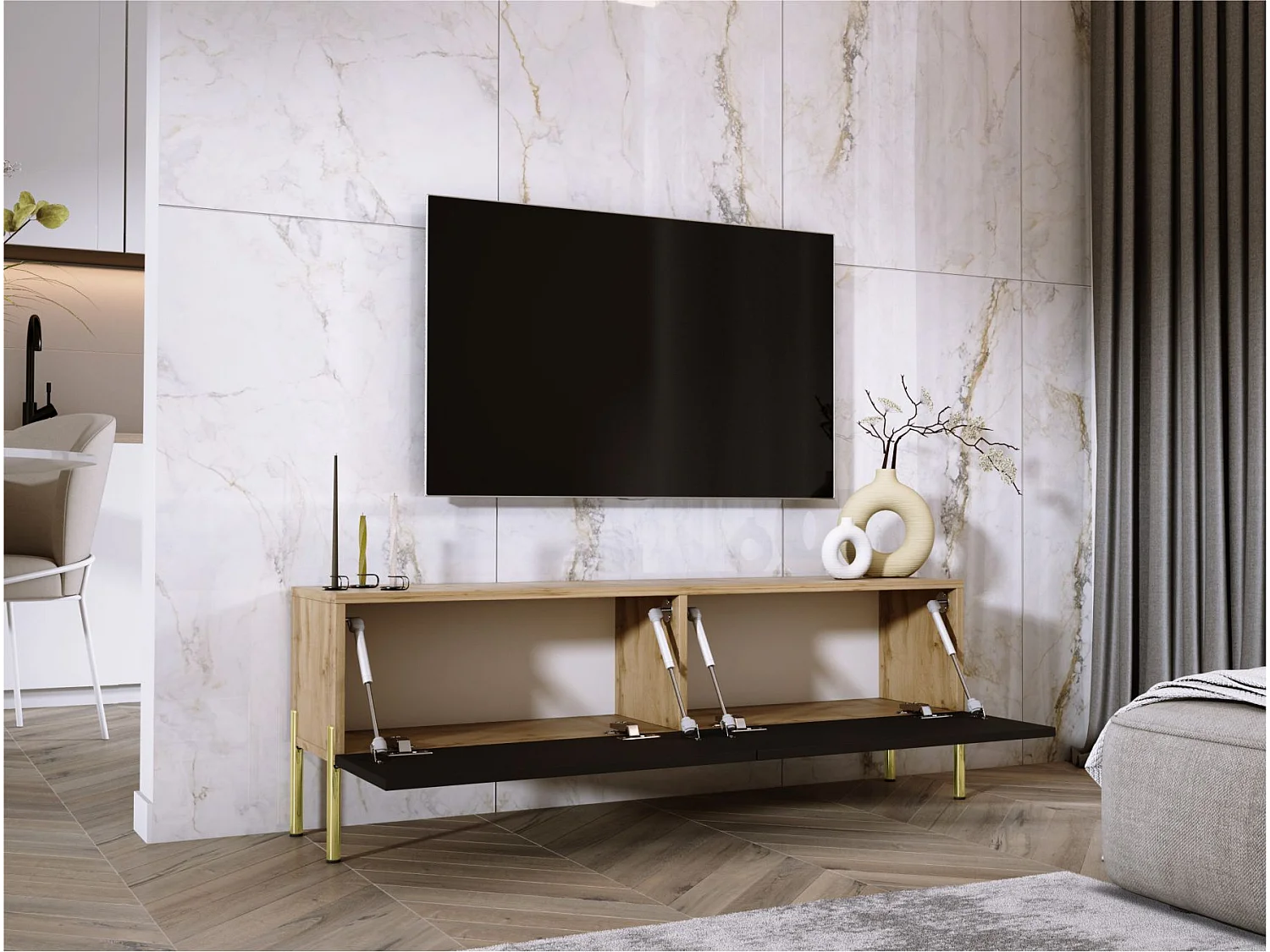 TV-meubel: Wotan Eiken / Mat Zwart, gouden poten, 140 x 52 x 32 cm