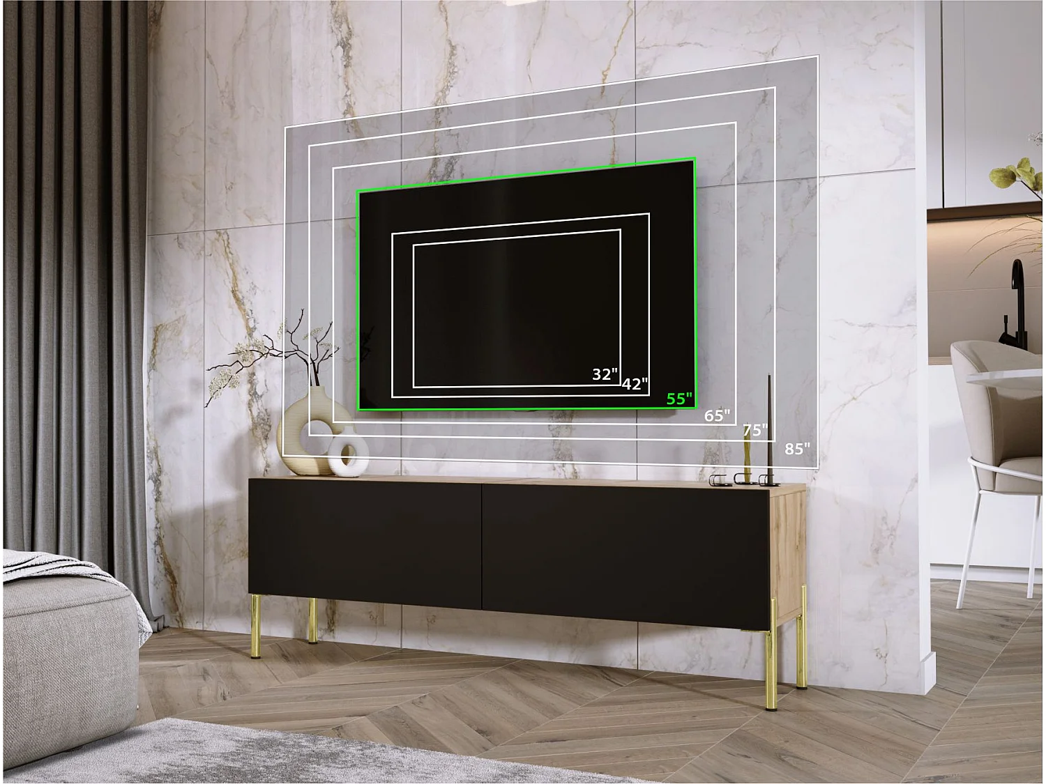 TV-meubel: Wotan Eiken / Mat Zwart, gouden poten, 140 x 52 x 32 cm