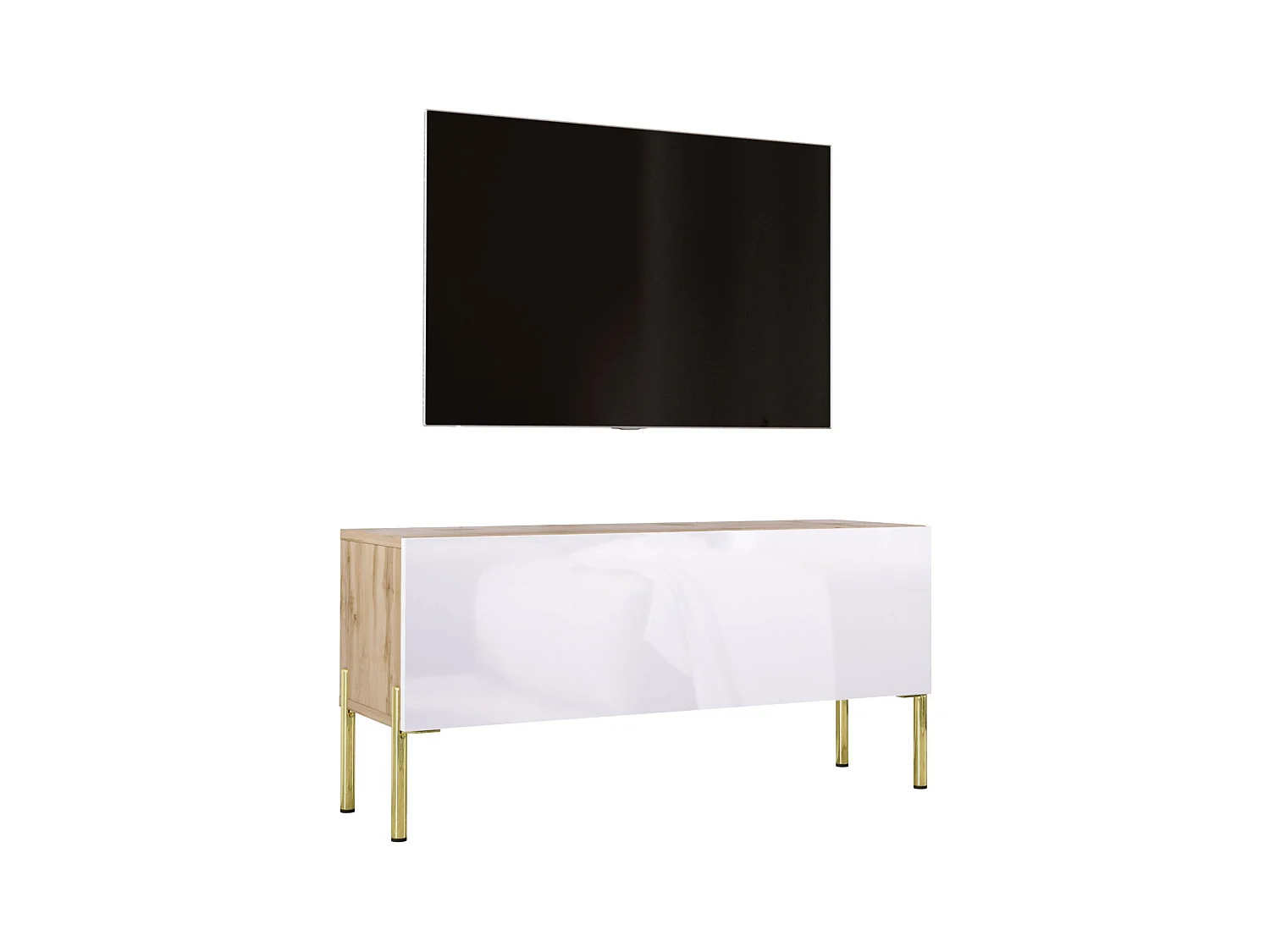 Meuble TV Chêne Wotan / Blanc Brillant, pieds En Or, 100 x 52 x 32 cm